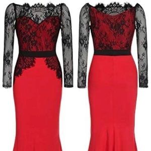 Fashion Mia Red and Black Lace Maxi Dress, Sz L